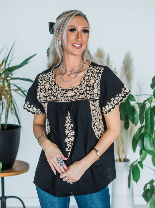 Black Blouse with Taupe Embroidery - Whiskey Skies - ANDREE BY UNIT