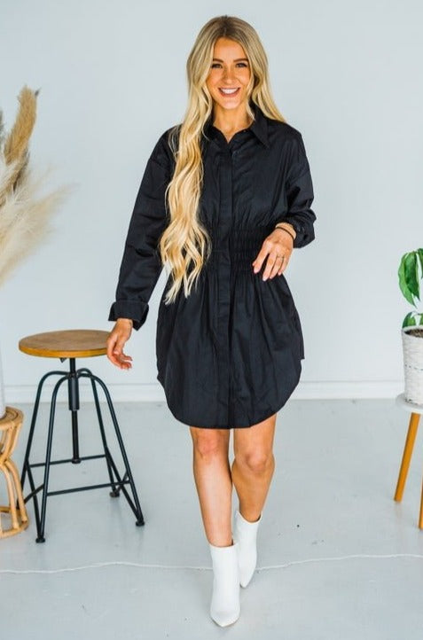 Black Collard Top or Mini Dress With Ruched Waist Band