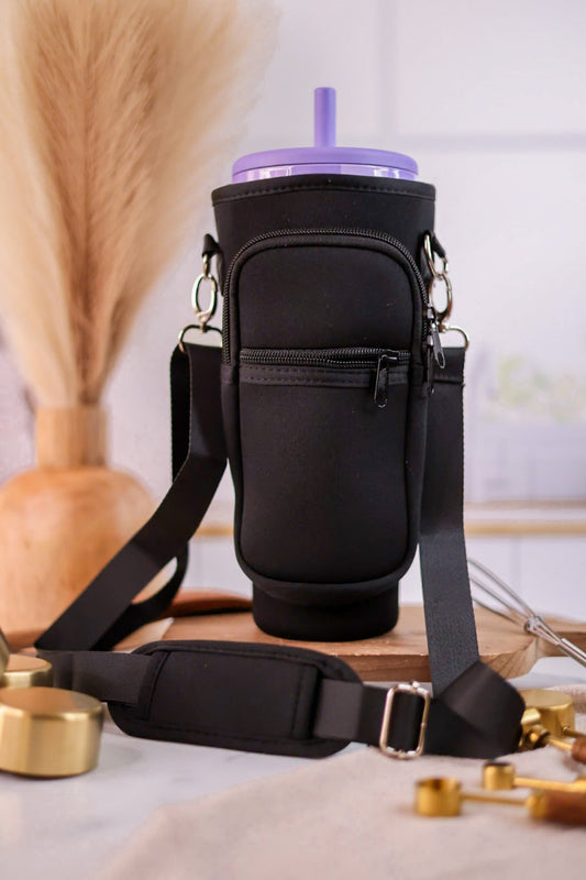 Black Tumbler Holder with Strap and Zipper Pouch - Whiskey Skies - QUEENS DESIGNS