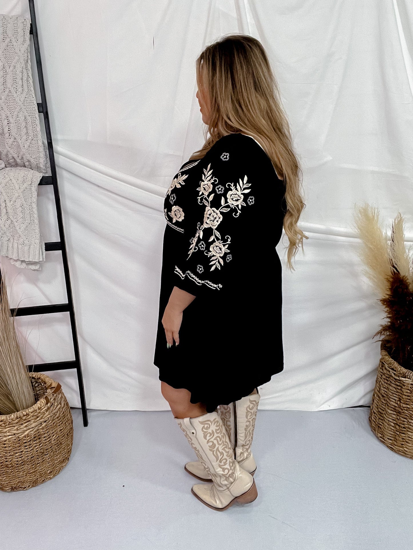 Black Wide Shoulder Dress W/ Cream Floral Embroidery - Whiskey Skies - ANDREE BY UNIT