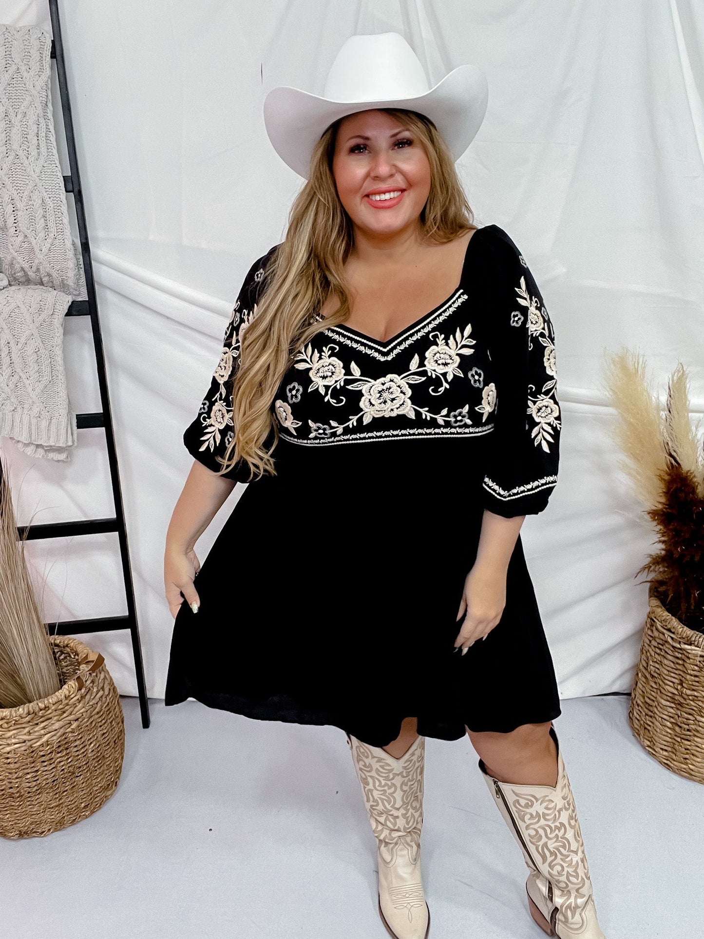 Black Wide Shoulder Dress W/ Cream Floral Embroidery - Whiskey Skies - ANDREE BY UNIT
