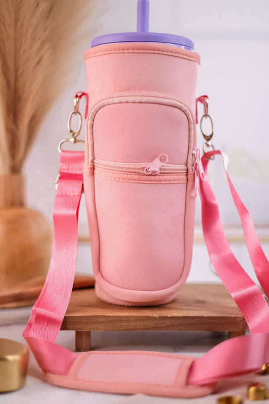 Blush Pink Tumbler Holder with Strap and Zipper Pouch - Whiskey Skies - QUEENS DESIGNS