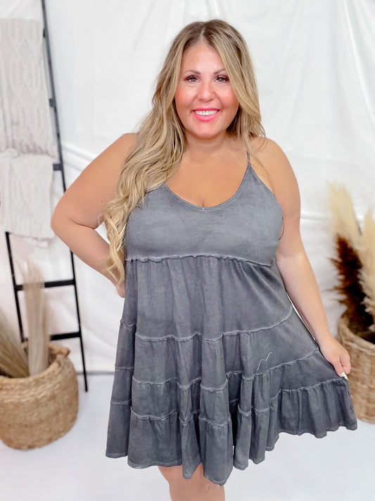 Charcoal Spaghetti Strap Tiered Dress - Whiskey Skies - UMGEE