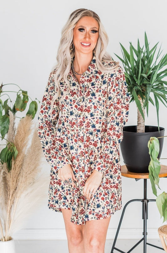 Floral Print Corduroy Collared Button Up Dress