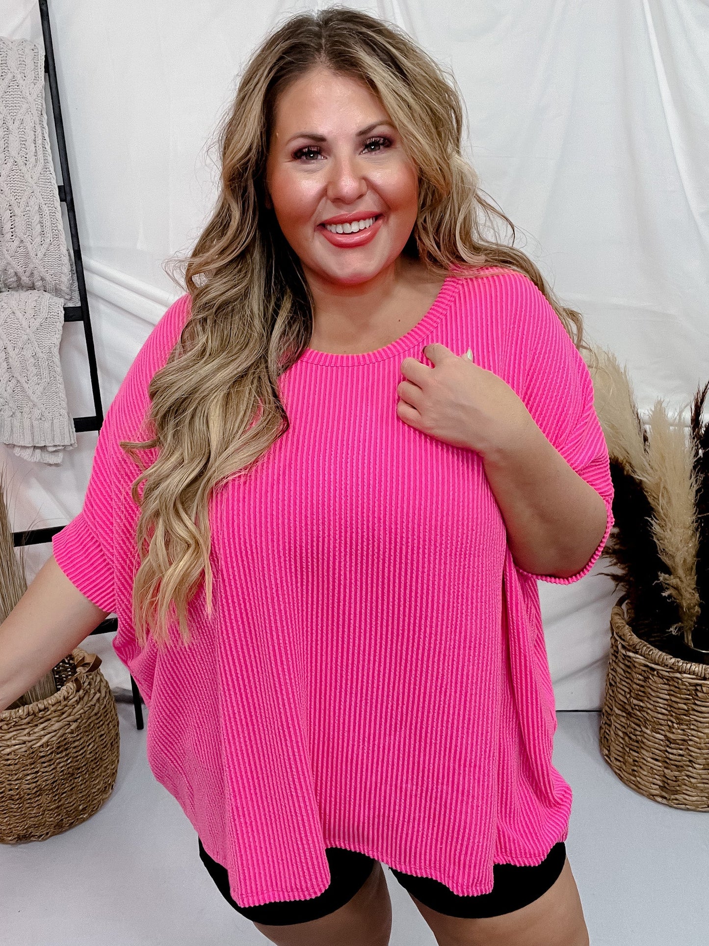 Hot Pink Ribbed Drop Shoulder Poncho Sleeve Tunic Top - Whiskey Skies - ANDREE BY UNIT
