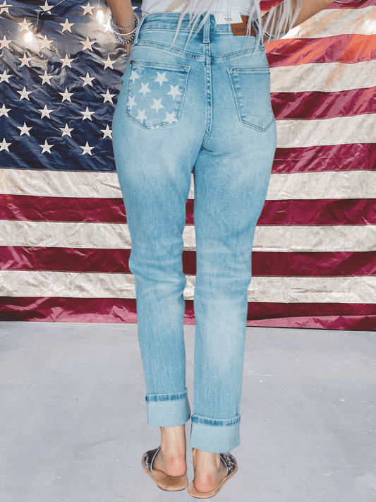 Judy Blue Mid Rise Americana Print Cuffed Boyfriend Jeans - Whiskey Skies - JUDY BLUE