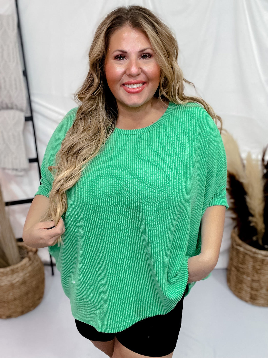 Kelly Green Ribbed Drop Shoulder Poncho Sleeve Tunic Top - Whiskey Skies - ANDREE BY UNIT