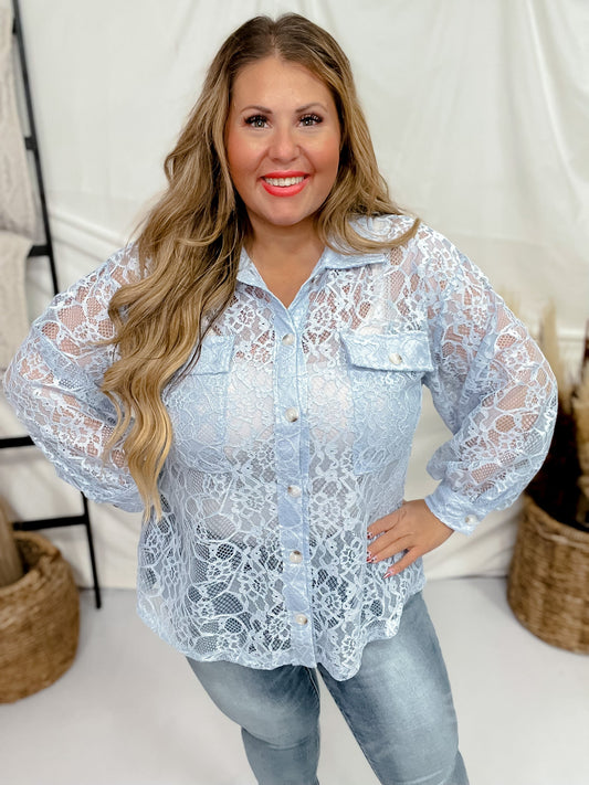 Light Blue Button Up All Over Lace Blouse - Whiskey Skies - ANDREE BY UNIT