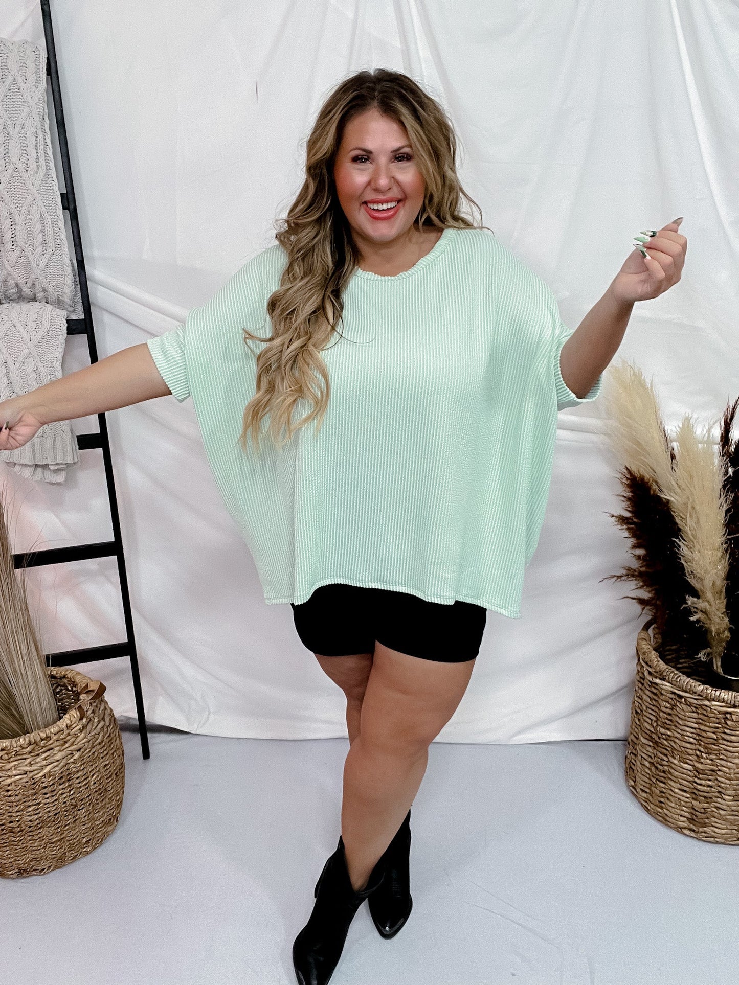 Mint Ribbed Drop Shoulder Poncho Sleeve Tunic Top - Whiskey Skies - ANDREE BY UNIT