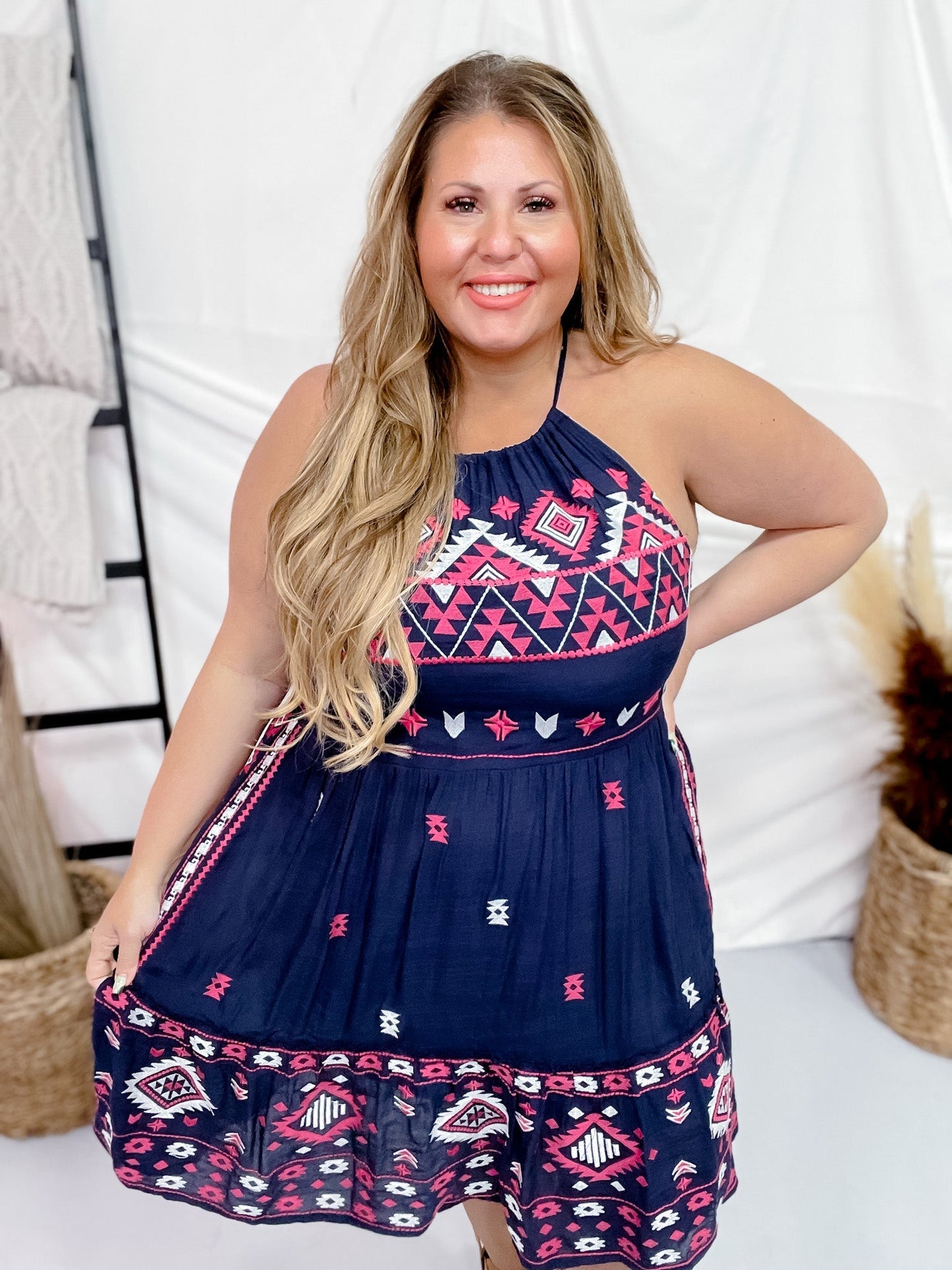 Navy & Pink Sleeveless Aztec Embroidered Dress - Whiskey Skies - ANDREE BY UNIT