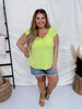 Neon Green Ruched Sleeve V-Neck Top - Whiskey Skies - DEAR SCARLETT