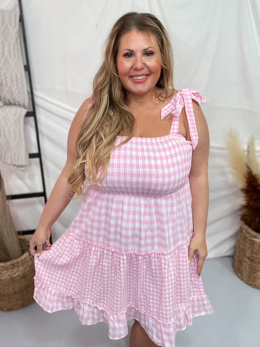 Pink Gingham Print Smocked Dress - Whiskey Skies - ANDREE BY UNIT