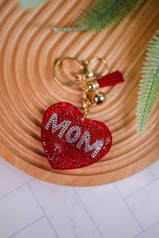 Plush Crystal Red "Mom" Heart Keychain - Whiskey Skies - QUEENS DESIGNS