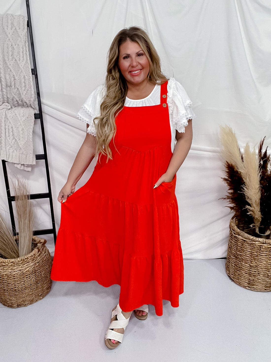Poppy Red Button Sling Midi Sleeveless Dress W/ Pockets - Whiskey Skies - ODDI