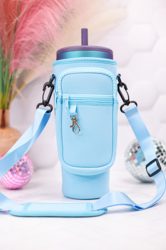 Sky Blue Tumbler Holder with Strap and Zipper Pouch - Whiskey Skies - CAINIAO