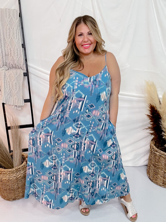 Teal Print Maxi Dress With Adjustable Straps - Whiskey Skies - ANDREE BY UNIT
