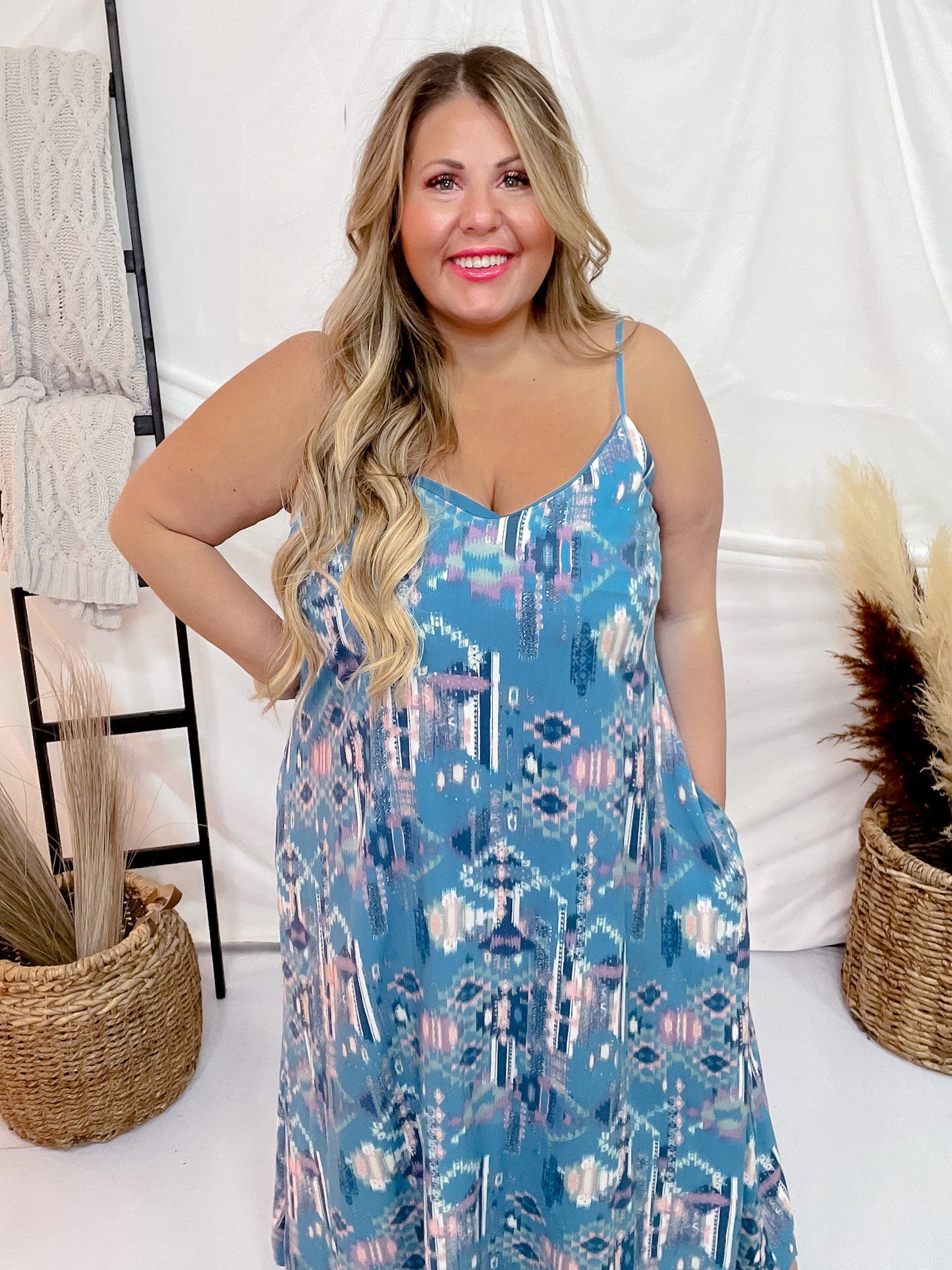 Teal Print Maxi Dress With Adjustable Straps - Whiskey Skies - ANDREE BY UNIT