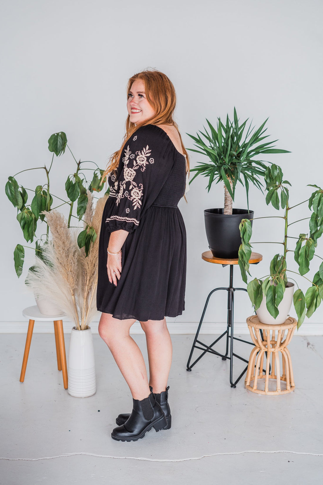 Black Wide Shoulder Dress W/ Cream Floral Embroidery - Whiskey Skies