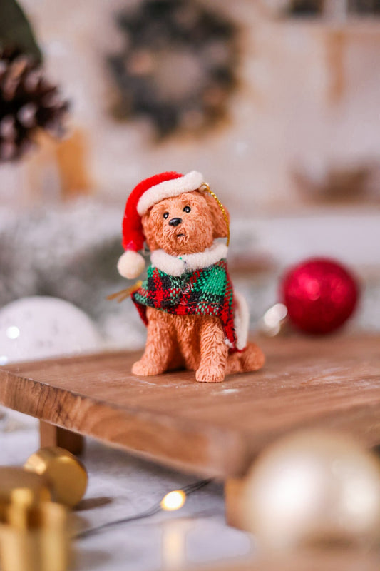 Brown Labradoodle With Plaid Coat and Santa Hat Ornament - Whiskey Skies
