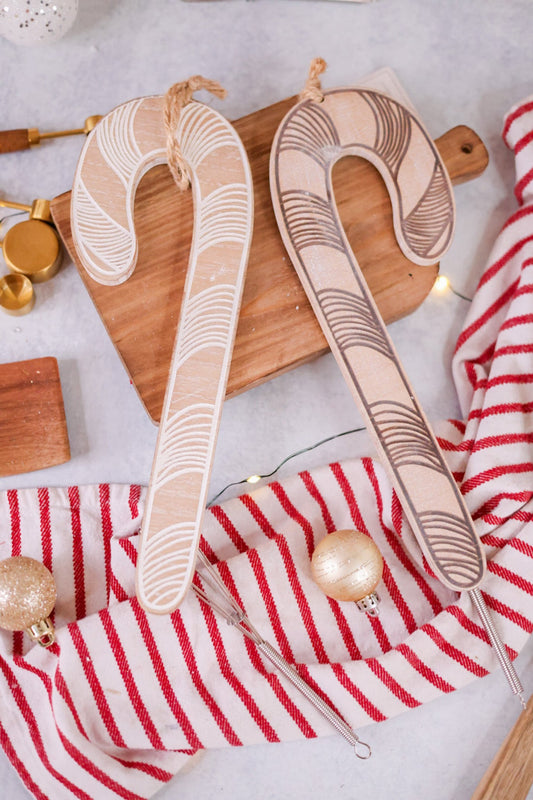 Double Sided Wooden Candy Cane Ornament - Whiskey Skies