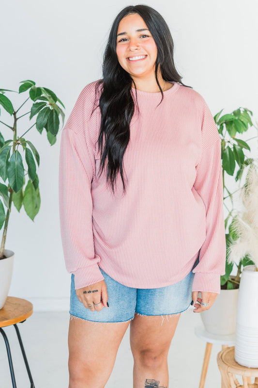 Dusty Rose Puff Sleeve Ribbed Top - Whiskey Skies