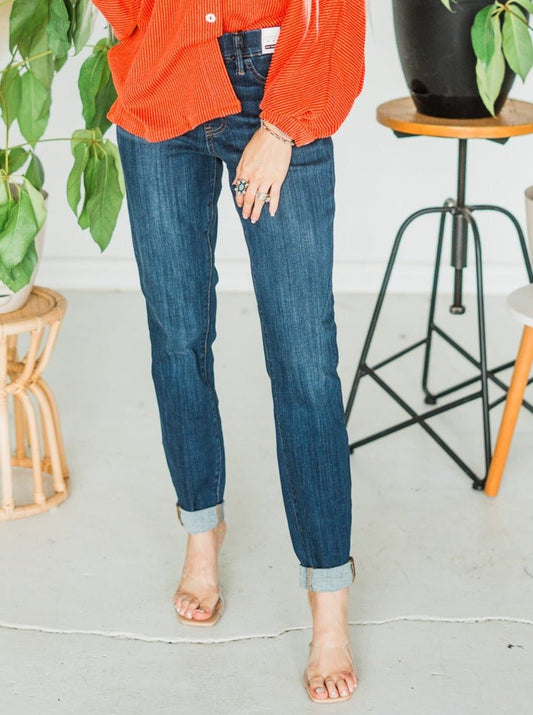 Judy Blue High Waist Pull On Double Cuff Slim Jeans - Whiskey Skies