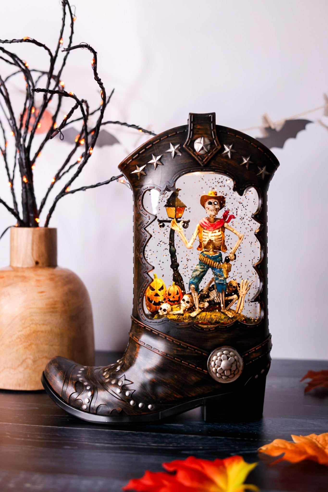 10" LED Boot Water Globe With Cowboy Skeleton - Whiskey Skies - RAZ IMPORTS