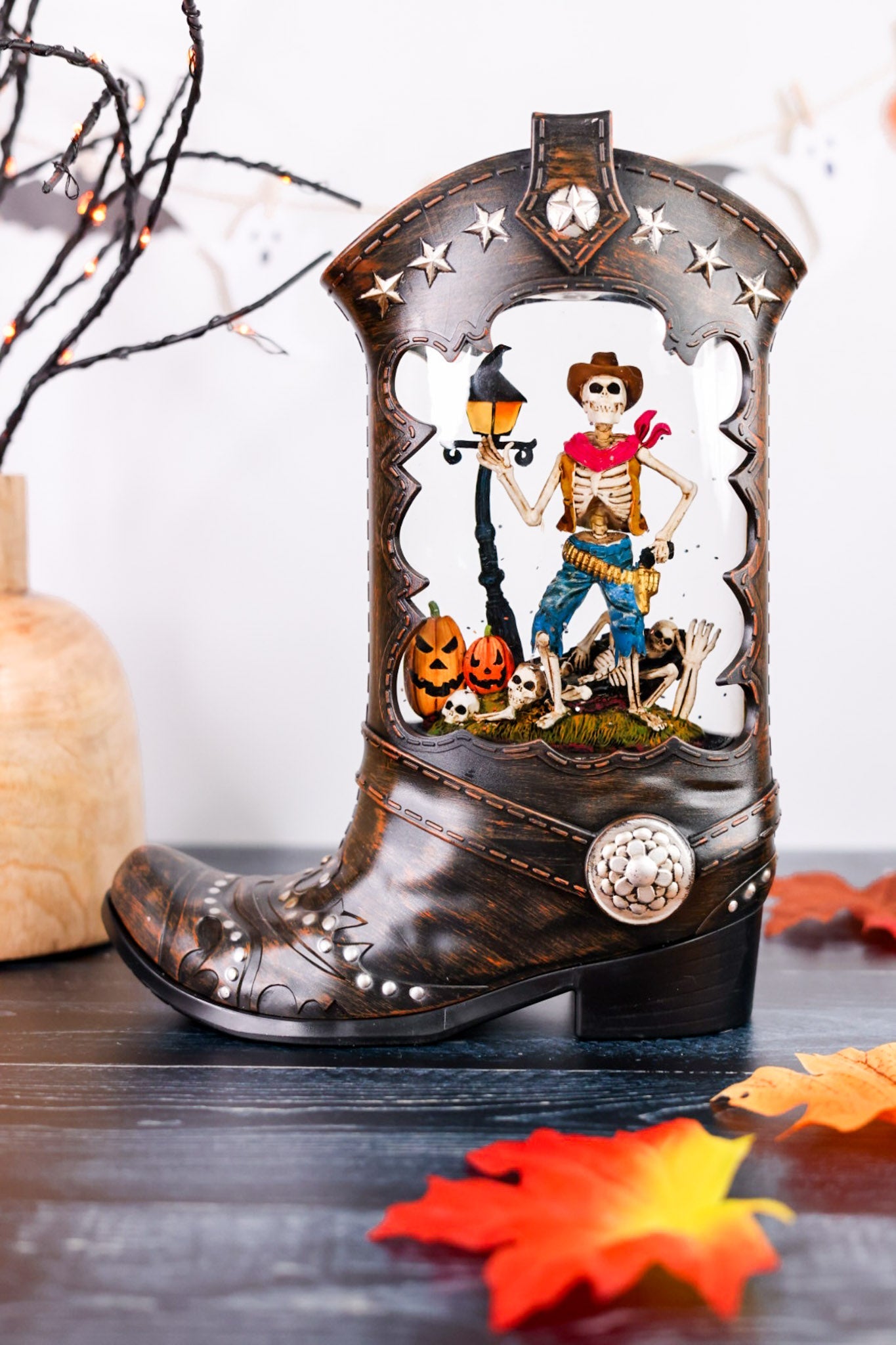 10" LED Boot Water Globe With Cowboy Skeleton - Whiskey Skies - RAZ IMPORTS
