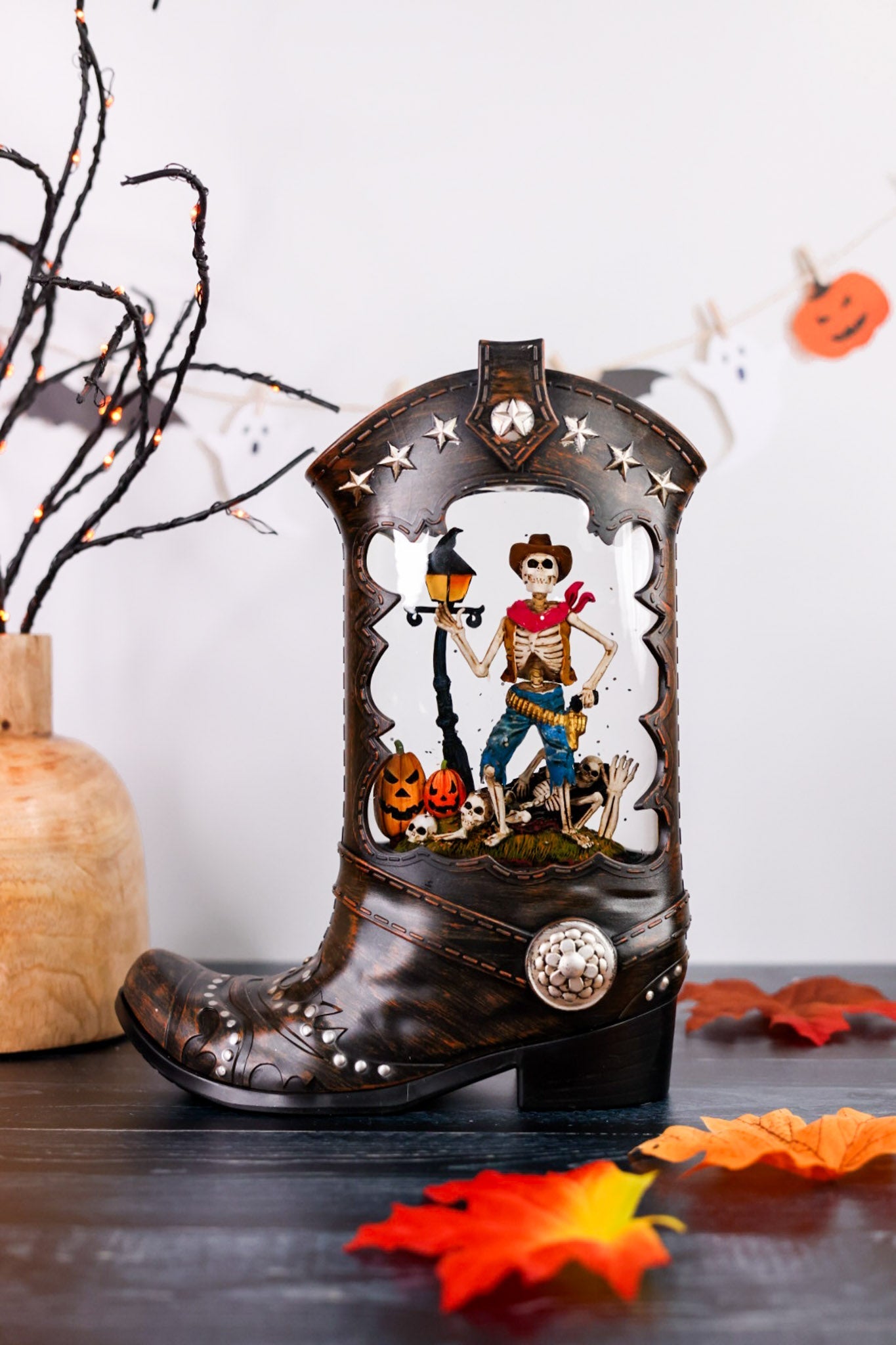 10" LED Boot Water Globe With Cowboy Skeleton - Whiskey Skies - RAZ IMPORTS