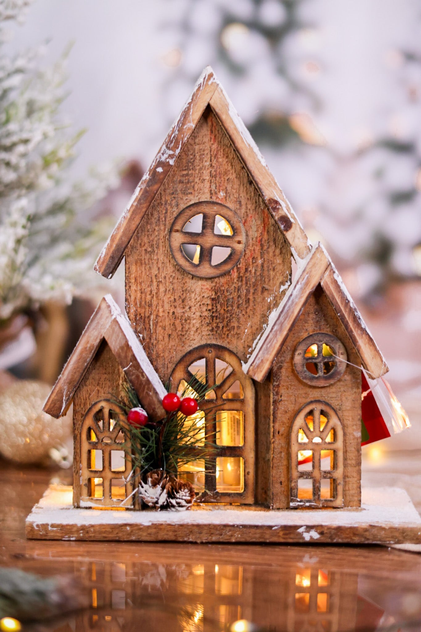 10" Light Up House with Glitter and Pine Accents (2 Colors) - Whiskey Skies - GERSON COMPANIES