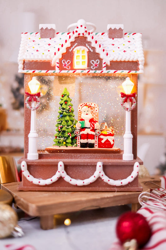 10" Light - Up Musical Santa Water Gingerbread House - Whiskey Skies - RAZ IMPORTS