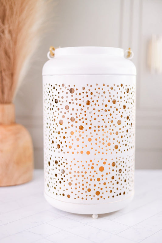 10.5" Dotted White Lantern with Gold Interior - Whiskey Skies - GERSON COMPANIES