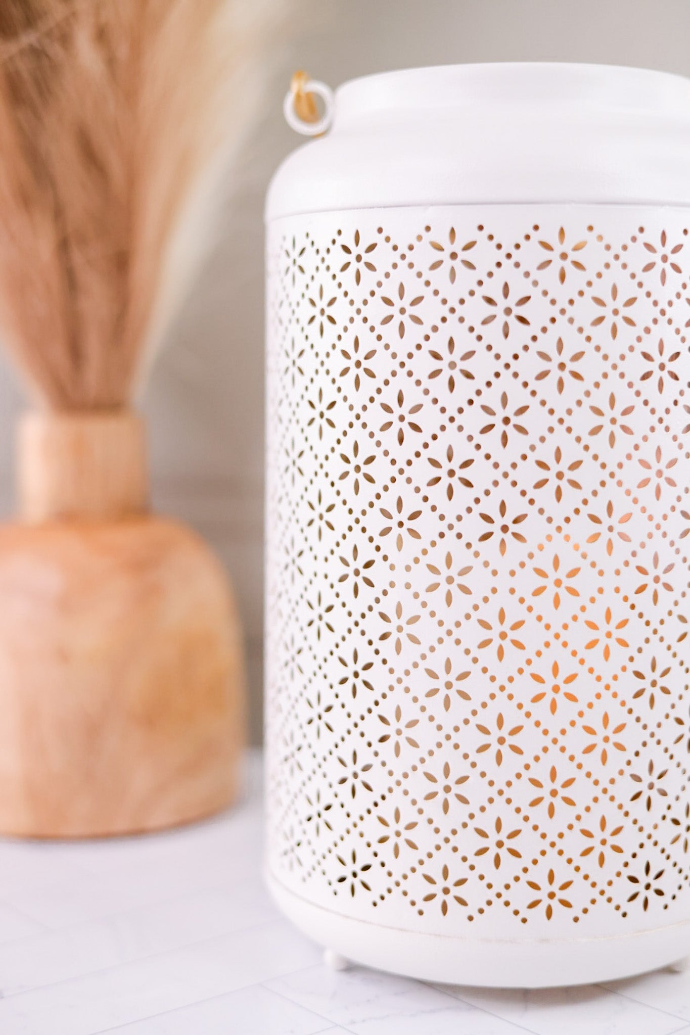 10.5" Floral Patterned White Lantern with Gold Interior - Whiskey Skies - GERSON COMPANIES