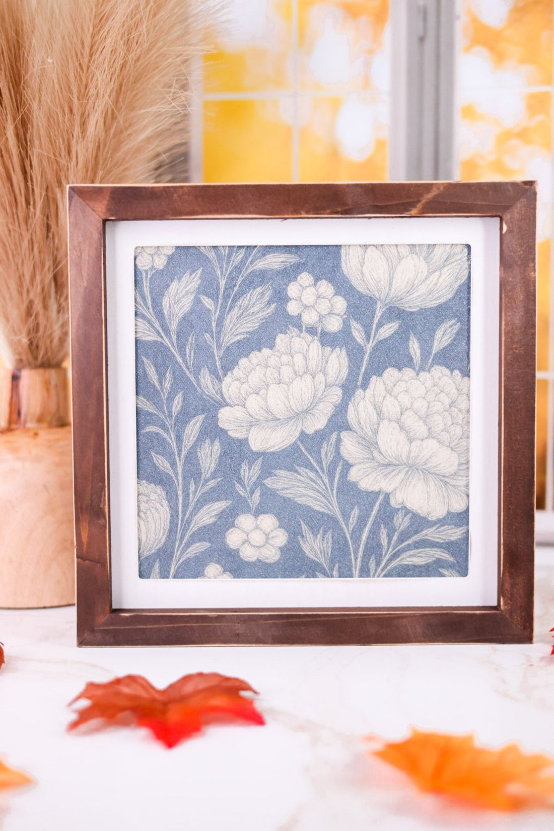 10.75" Reversible Fall Floral Sign W/ Espresso Wood Frame - Whiskey Skies - DEVANIE AT HOME