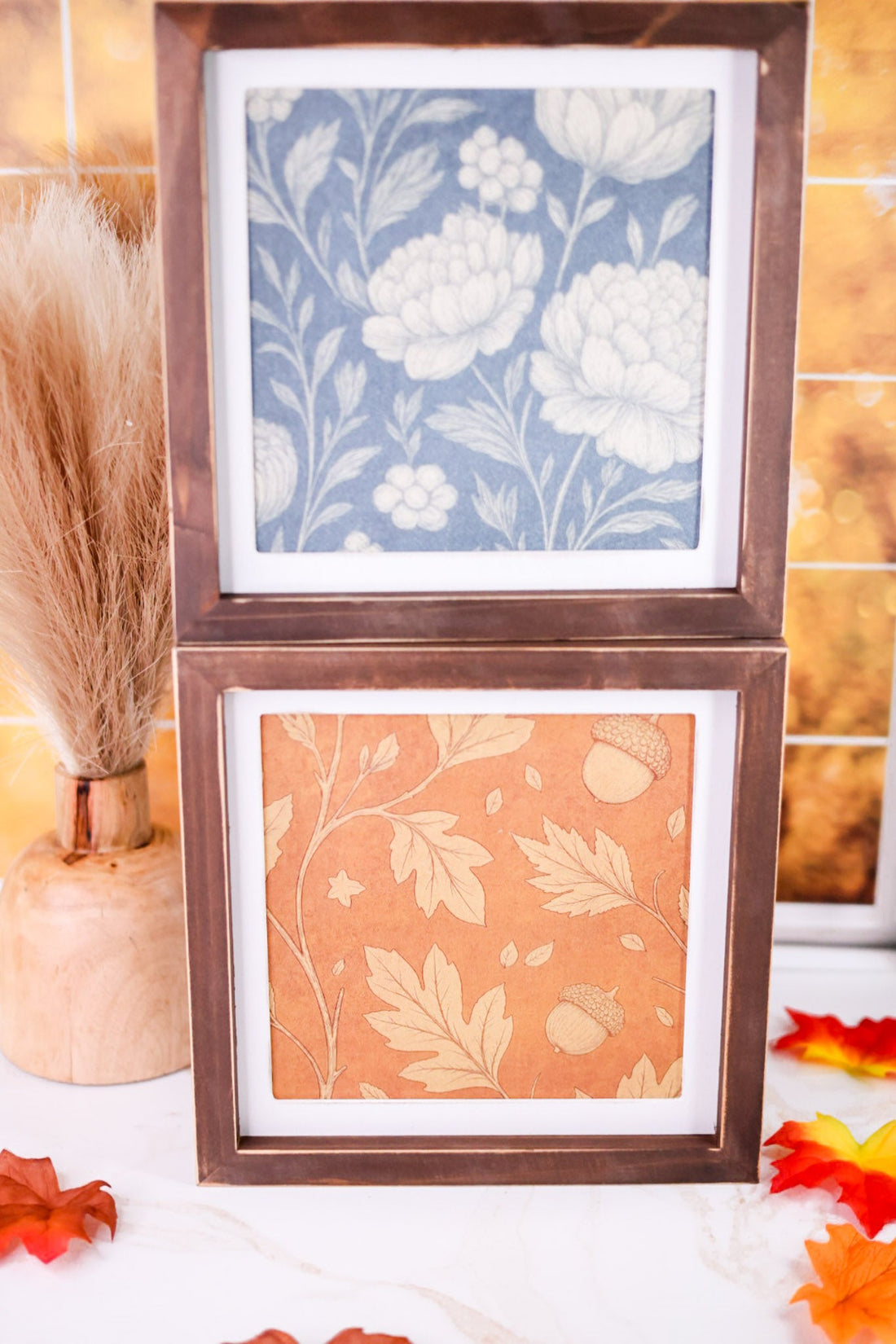 10.75" Reversible Fall Floral Sign W/ Espresso Wood Frame - Whiskey Skies - DEVANIE AT HOME