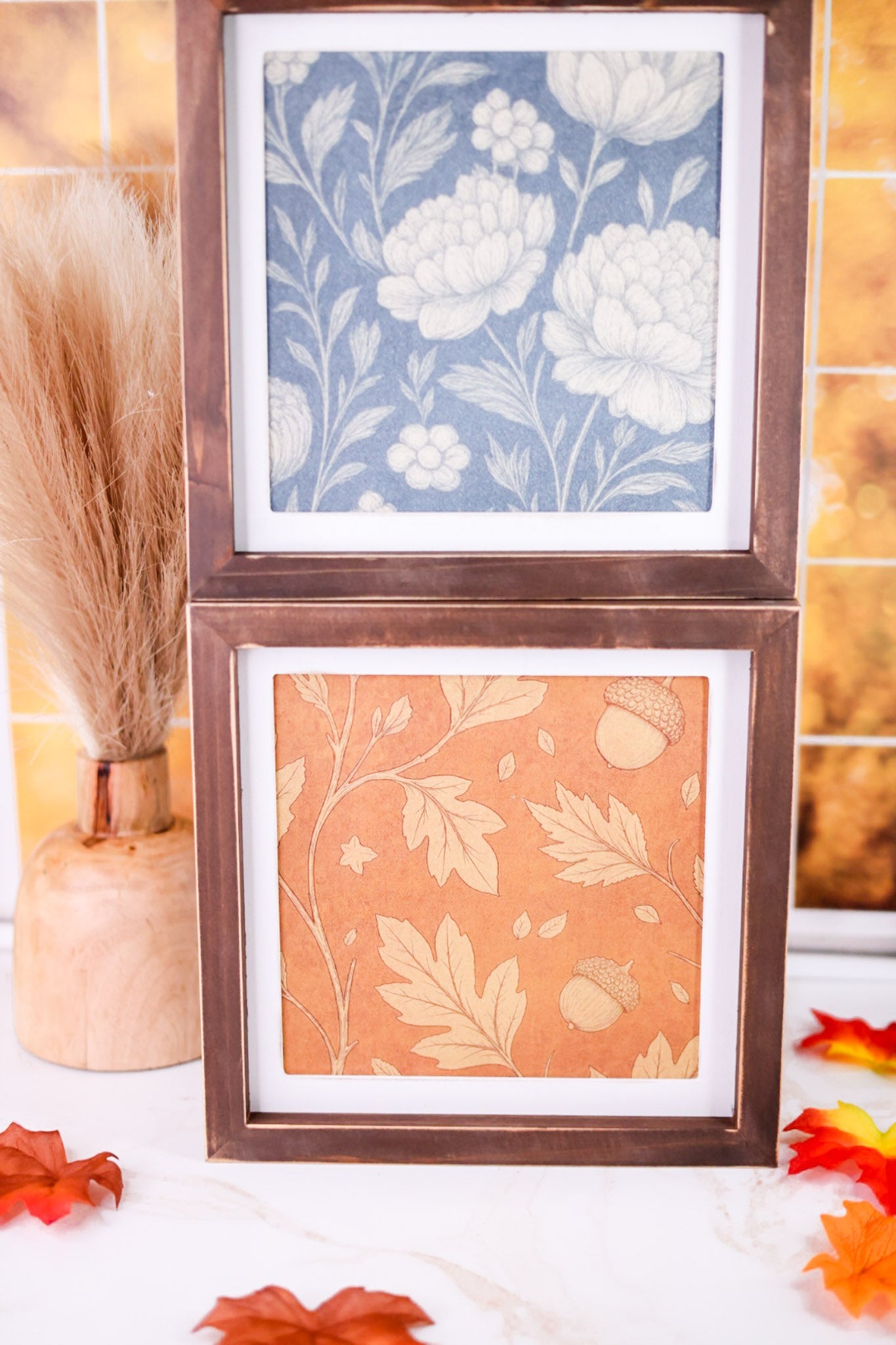 10.75" Reversible Fall Floral Sign W/ Espresso Wood Frame - Whiskey Skies - DEVANIE AT HOME