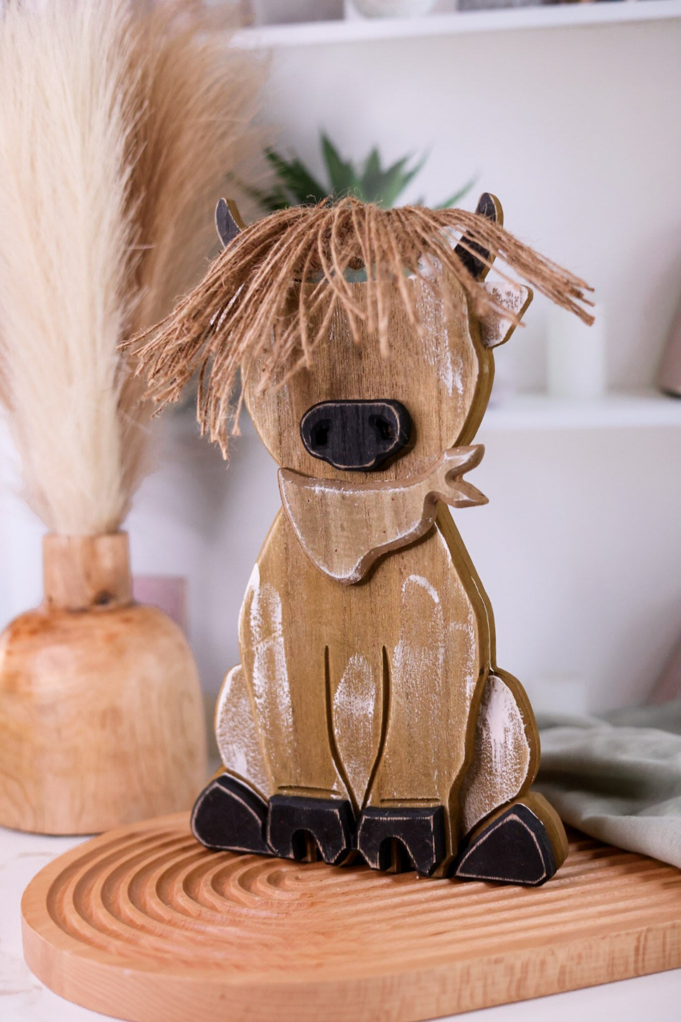 12" Wooden Highland Cow Wall Hanging With Jute Hair - Whiskey Skies - GERSON COMPANIES