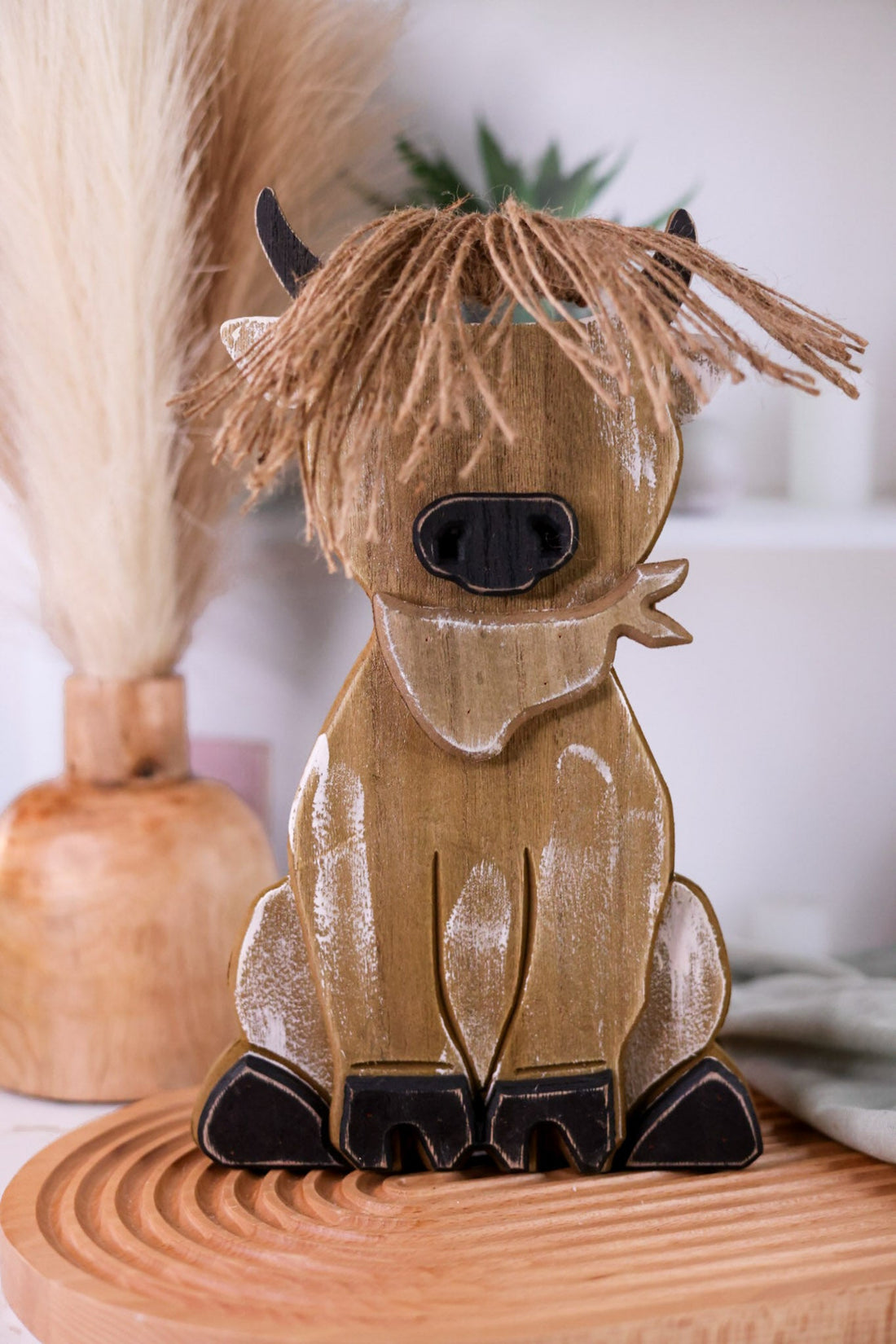 12" Wooden Highland Cow Wall Hanging With Jute Hair - Whiskey Skies - GERSON COMPANIES