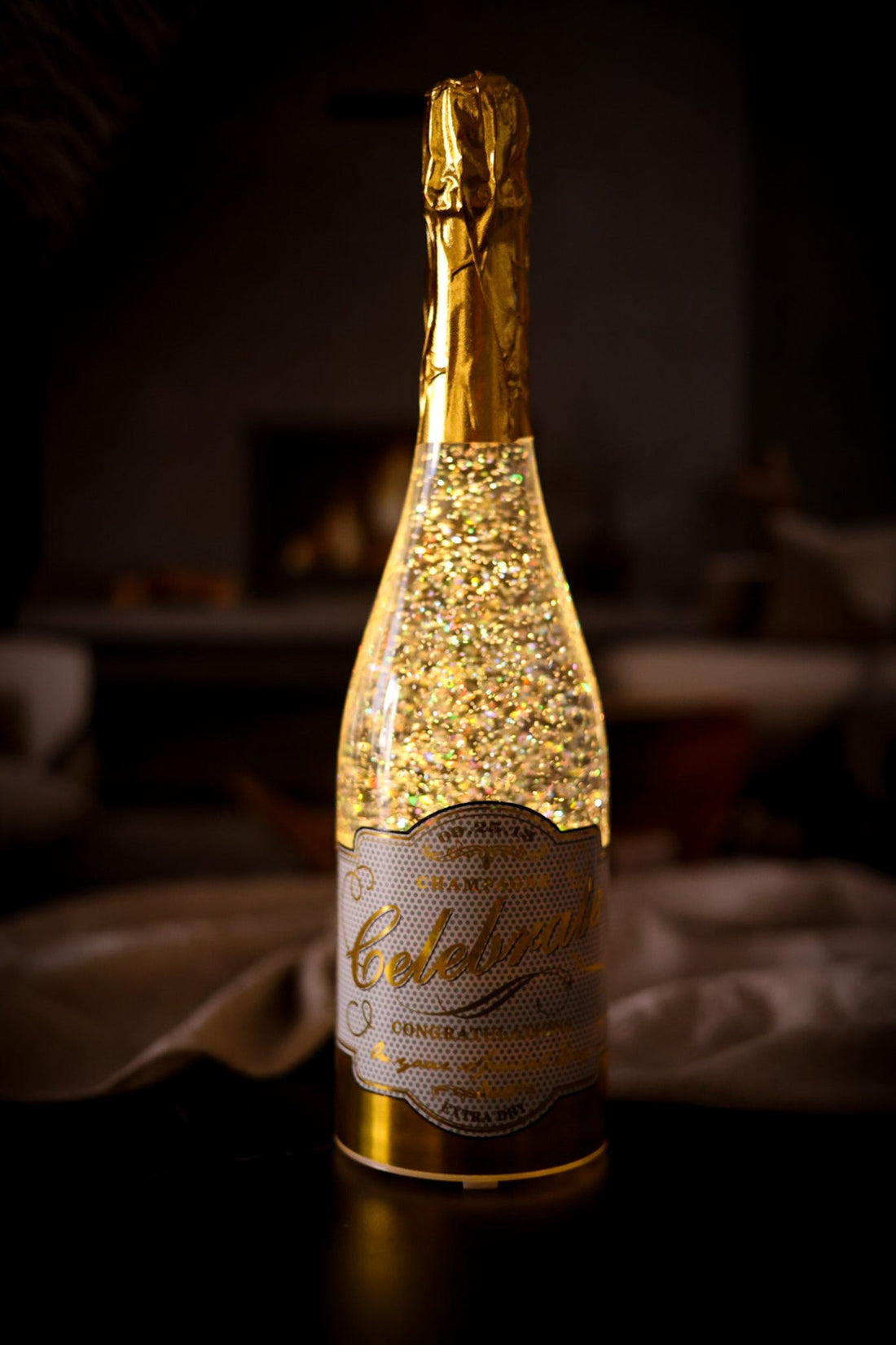 12.5" Light - Up Swirling Glitter Champagne Bottle Water Lantern - Whiskey Skies - RAZ IMPORTS