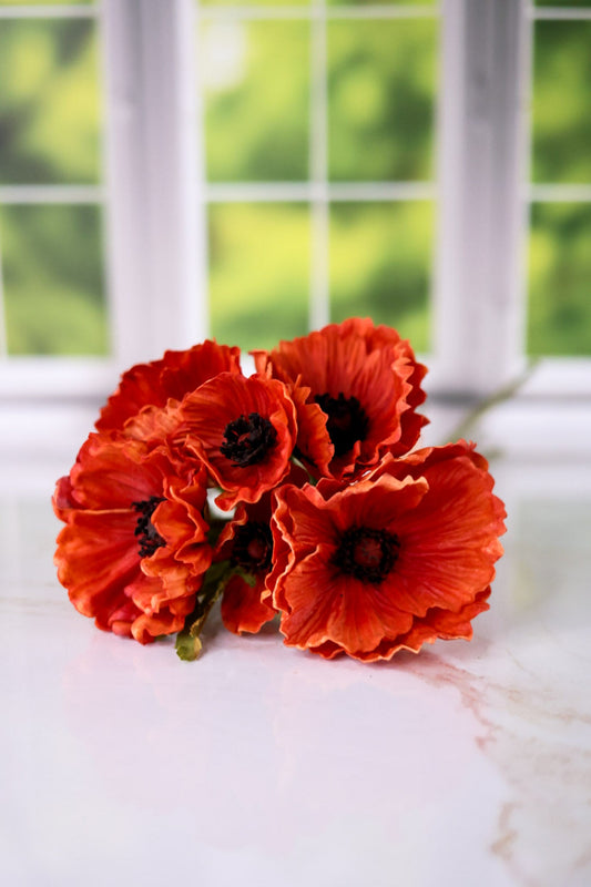 12.5" Orange Real Touch Poppy Bundle (6 Stems) - Whiskey Skies - K&K INTERIORS