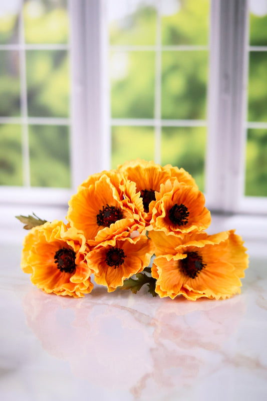 12.5" Yellow Real Touch Poppy Bundle (6 Stems) - Whiskey Skies - K&K INTERIORS