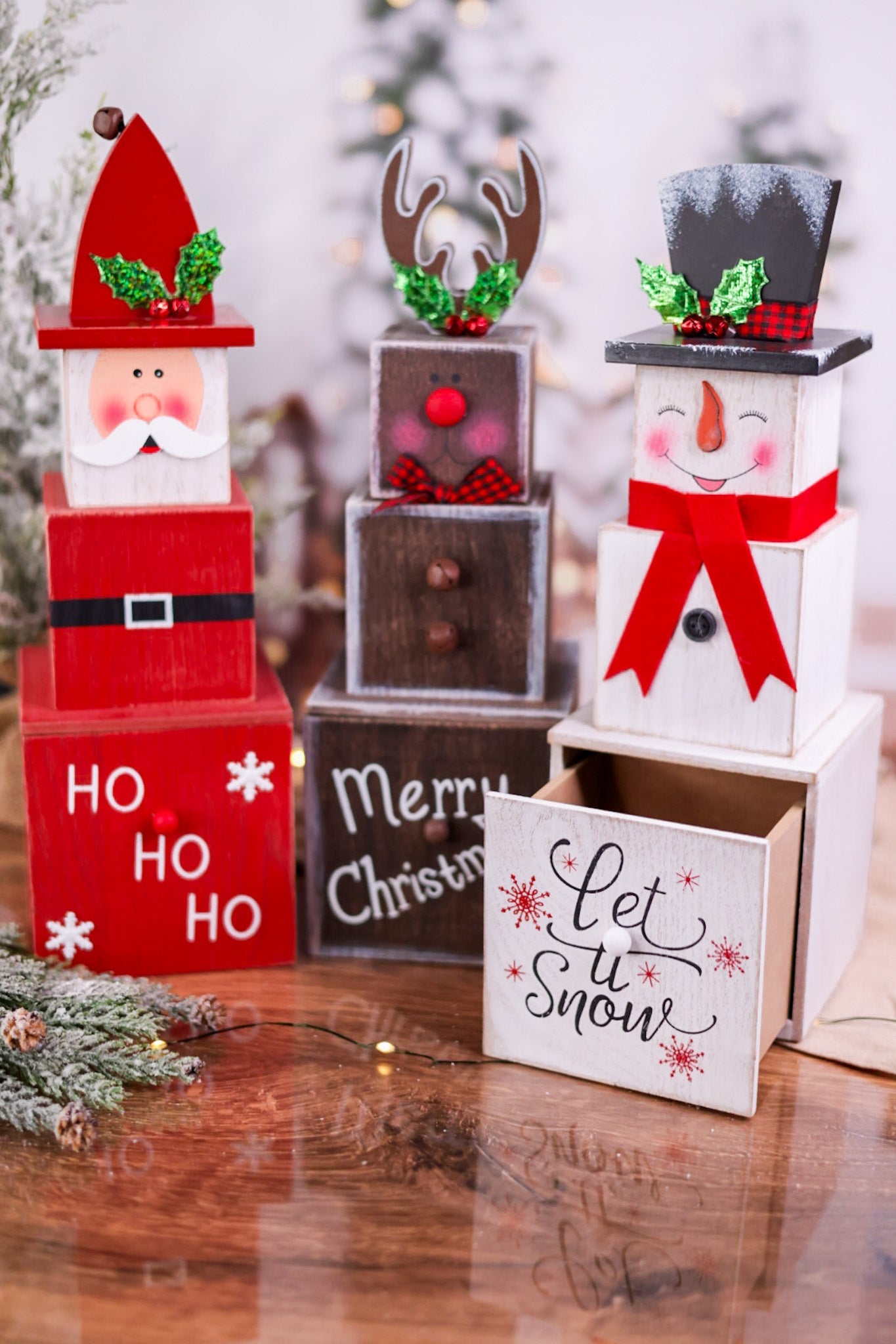 15" Holiday Character Box Stack with Drawer (3 Styles) - Whiskey Skies - GERSON COMPANIES