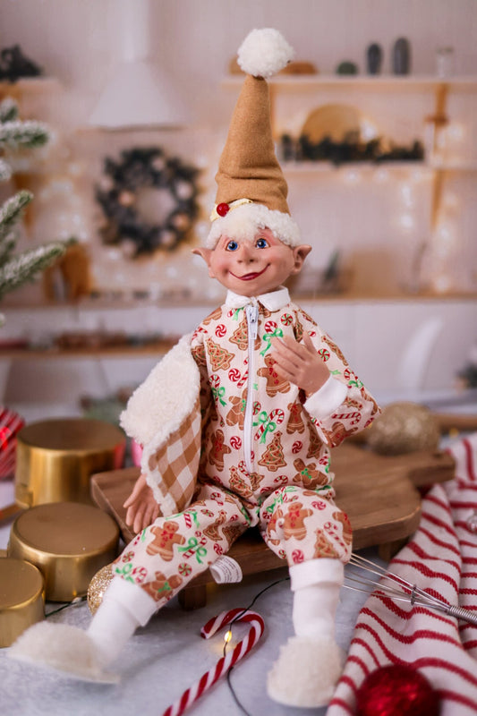 16" Posable Elf in Gingerbread Pajamas - Whiskey Skies - RAZ IMPORTS