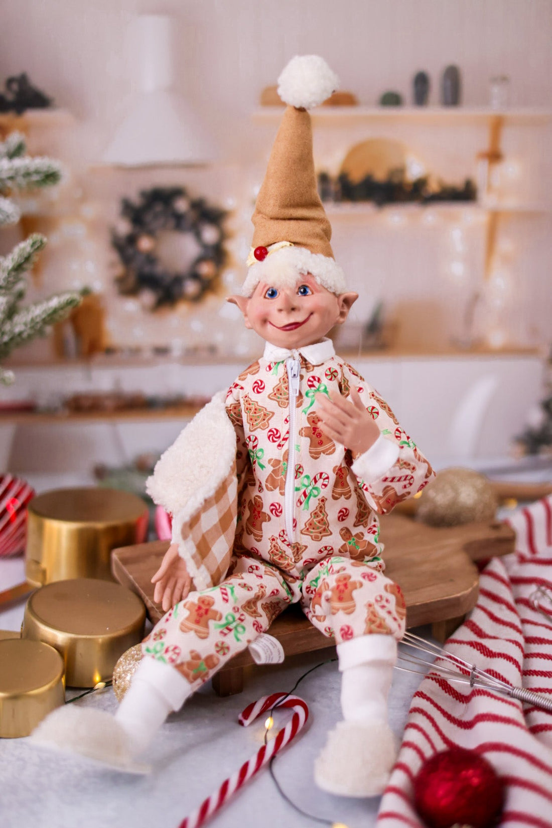 16" Posable Elf in Gingerbread Pajamas - Whiskey Skies - RAZ IMPORTS