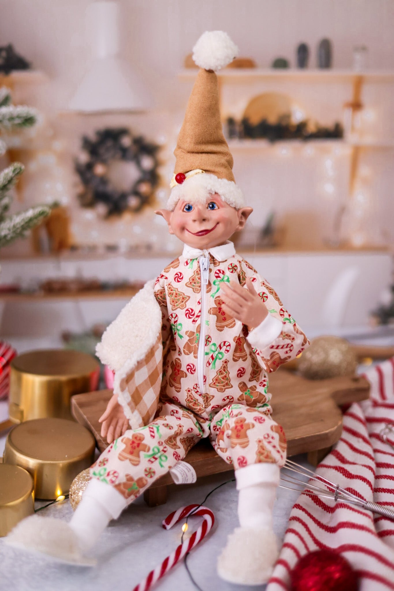 16" Posable Elf in Gingerbread Pajamas - Whiskey Skies - RAZ IMPORTS