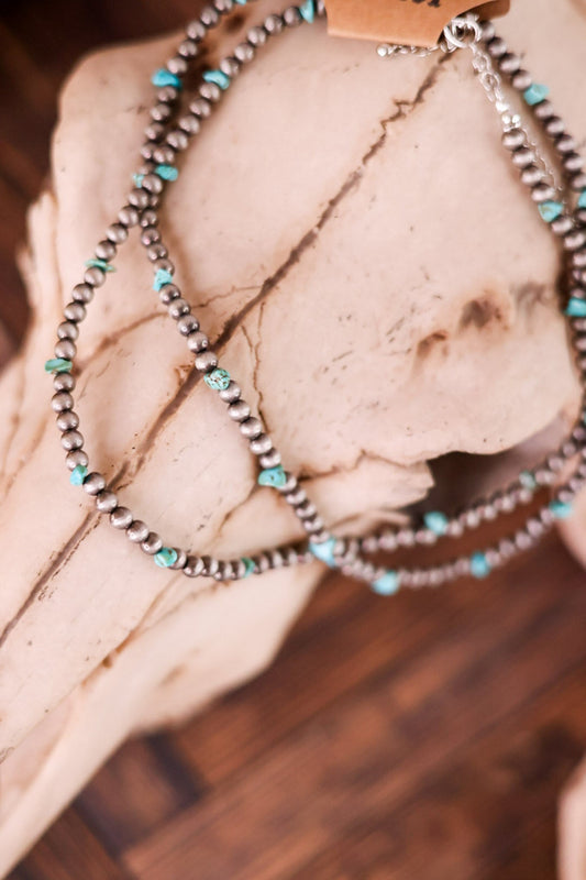 2 Layered Cowgirl Pearl and Turquoise Chip Necklace - Whiskey Skies - BOHO RANCH SHOP