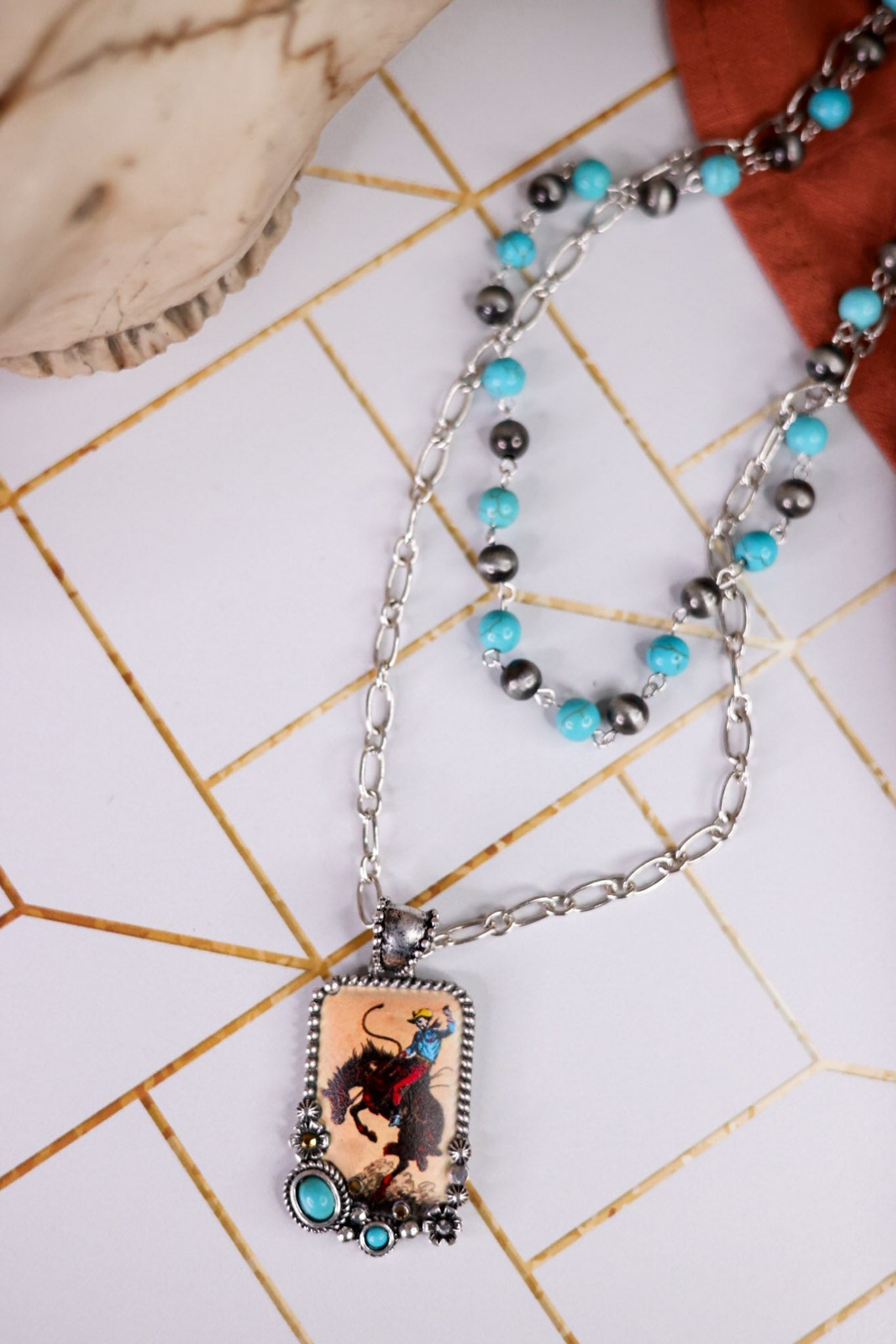 2 Layered Cowgirl Pearl Necklace With Rodeo Pendant - Whiskey Skies - BOHO RANCH SHOP