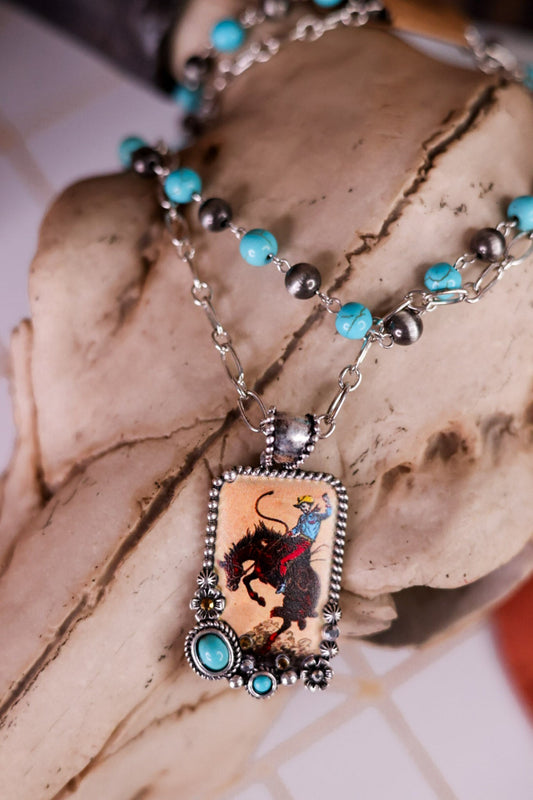 2 Layered Cowgirl Pearl Necklace With Rodeo Pendant - Whiskey Skies - BOHO RANCH SHOP