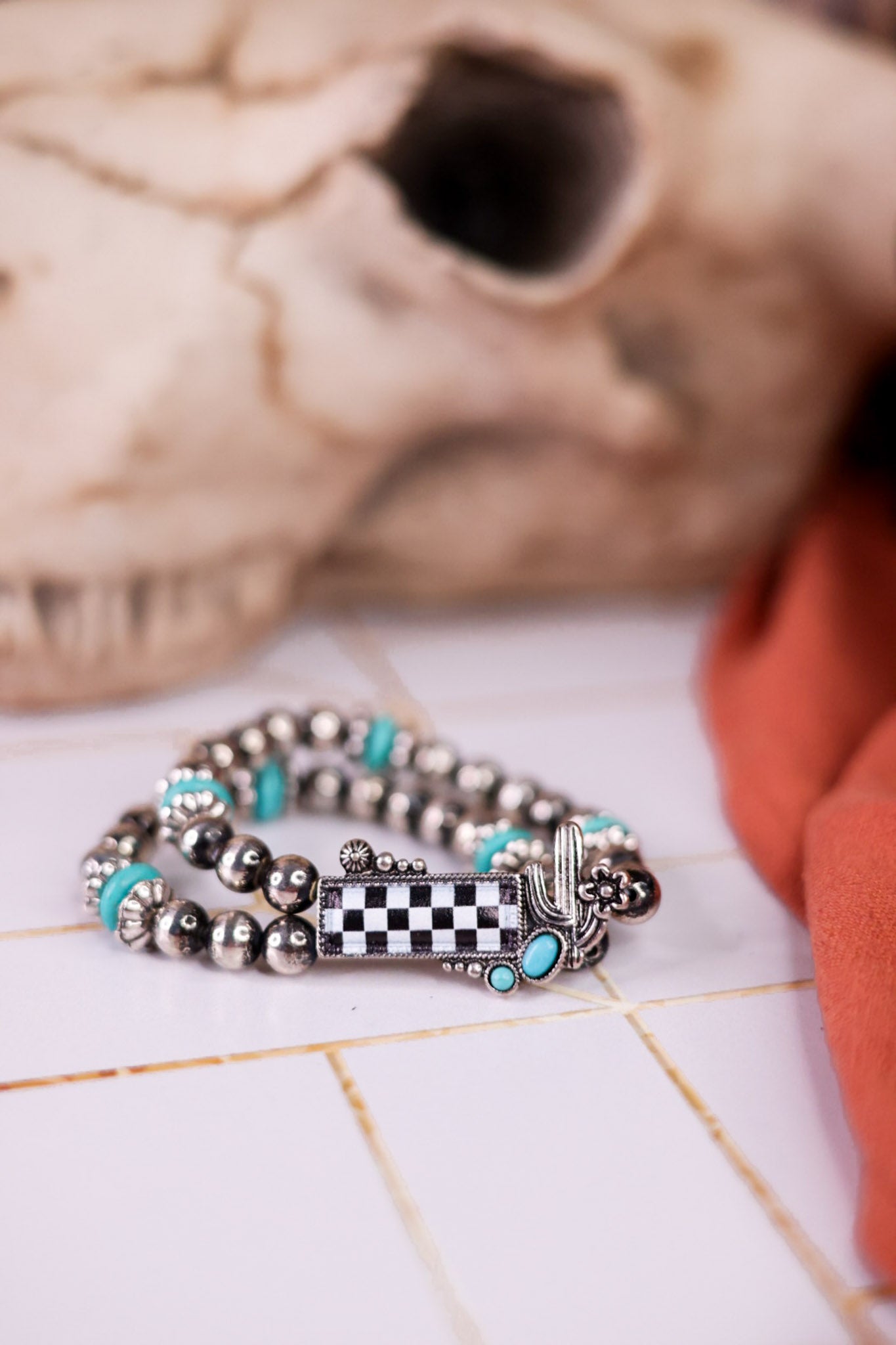 2 Layered Stretch Bracelet With Checkerboard Stone & Cactus Charm - Whiskey Skies - BOHO RANCH SHOP