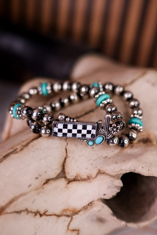 2 Layered Stretch Bracelet With Checkerboard Stone & Cactus Charm - Whiskey Skies - BOHO RANCH SHOP